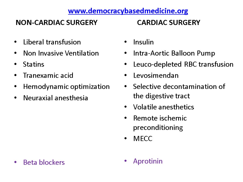 www.democracybasedmedicine.org NON-CARDIAC SURGERY CARDIAC SURGERY Liberal transfusion Non Invasive Ventilation Statins Tranexamic acid Hemodynamic